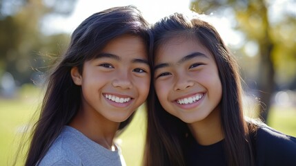 Obraz premium Close up of pre-teen friends in a park smiling to camera