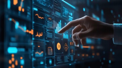 Fototapeta premium A hand reaches out to touch a glowing, interactive screen displaying data, graphs and statistics.