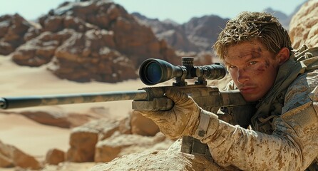 Fototapeta premium Focused marine sniper in combat gear aiming with a precision rifle in a desert environment, displaying intense concentration and readiness. 