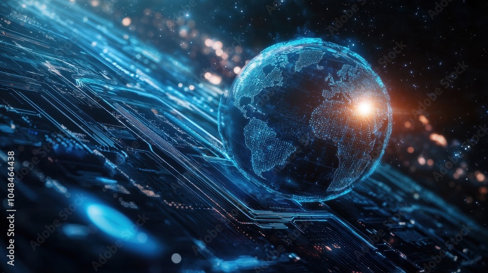 Poster blue circuit globe floating in a digital space, representing global connectivity and high-tech data 