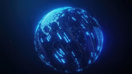 Obraz premium A glowing blue circuit board forming a globe, symbolizing global data transmission and futuristic technology. Digital lines and lights pulse around the spherical shape. 