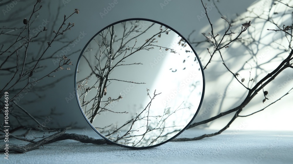 Aufkleber mirror reflecting bare branches, creating abstract scene