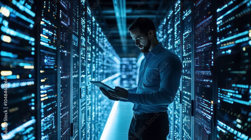 Poster A man in a server room, looking at a tablet, with rows of servers behind him.