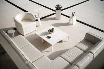 Editorial High-Angle Modern Interior Wide Shot with Hyper-Detailed Minimalist Design and Spacious Layout