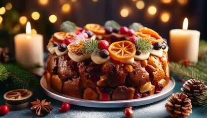 Fototapeta premium クリスマスのリースのように美しく配置されたフルーツスライスのフルーツケーキ、暖かいキャンドルの光が優雅さを加える