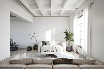 Editorial High-Angle Modern Interior Wide Shot with Hyper-Detailed Minimalist Design and Spacious Layout