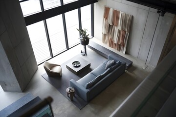 Editorial High-Angle Modern Living Room with Statement Art, Concrete, Glass Accents, Sleek Furnishings, and Cool Tones