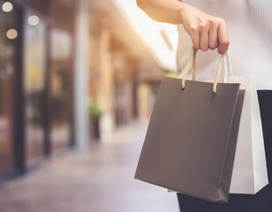 Hand holding shopping bags in supermarket Aisle with Blurred Shelves in Background.