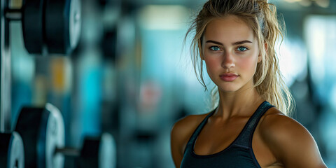 Fototapeta premium A portrait of a beautiful, fit woman in a gym setting.
