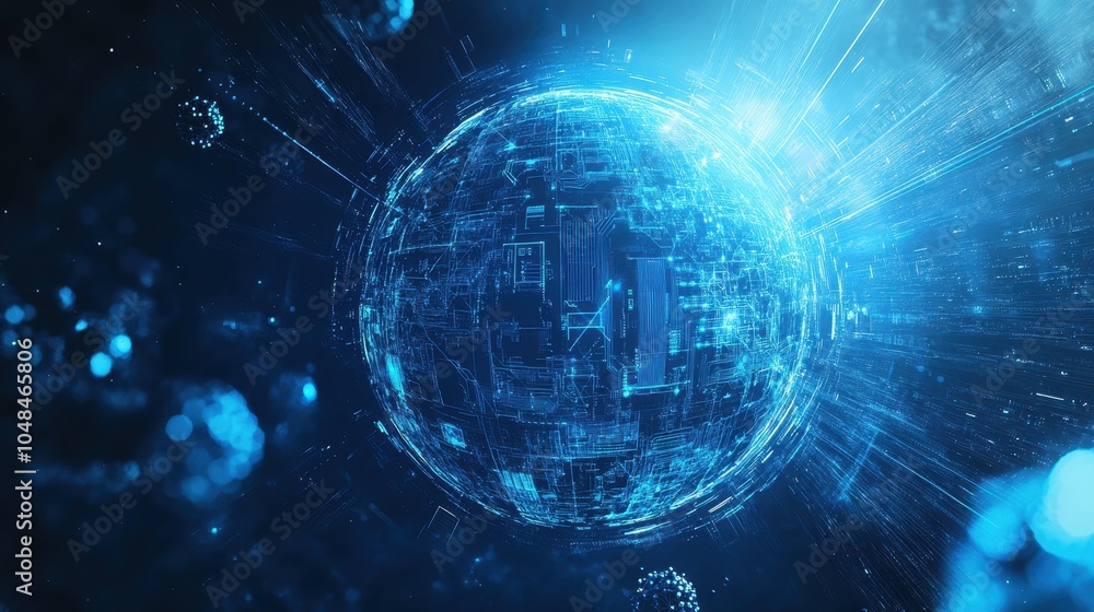 Poster futuristic globe of interconnected circuits in blue, surrounded by digital particles and data stream