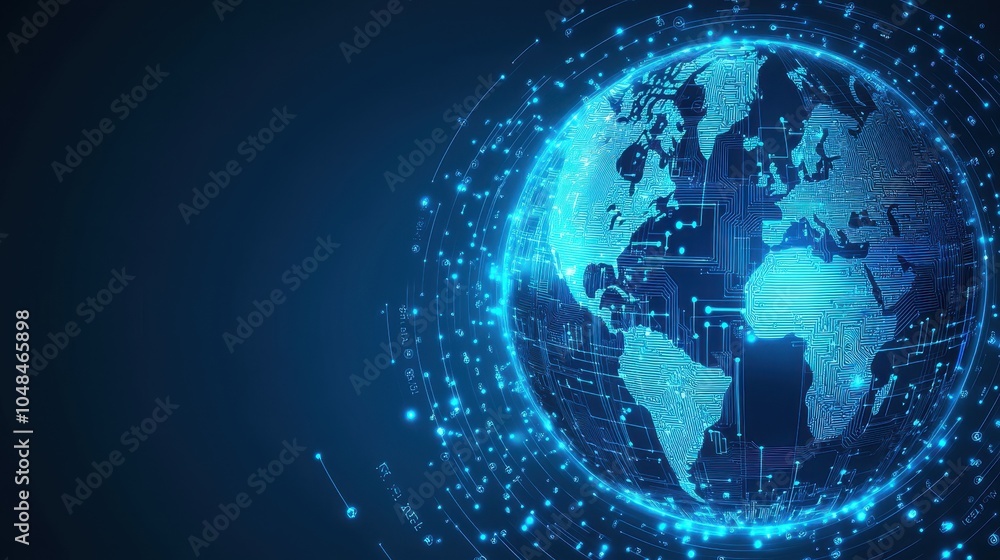 Poster high-tech background featuring a 3d globe formed by blue circuit patterns, representing advanced dat