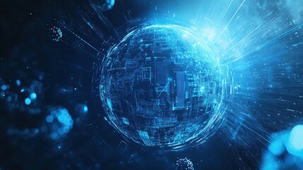 Obraz premium Futuristic globe of interconnected circuits in blue, surrounded by digital particles and data streams, symbolizing global technology innovation.