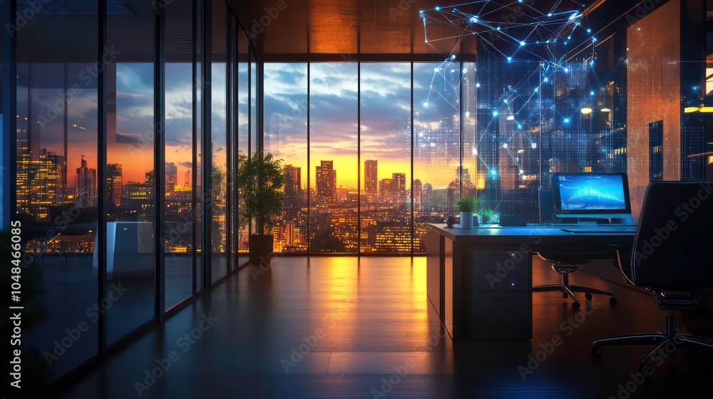 Poster modern office with a city skyline view at sunset, featuring a glowing network connection graphic.