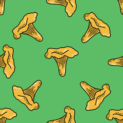 Seamless Pattern of Yellow Chanterelle Mushrooms on Green Background - Vibrant Botanical Forest Design, Perfect for Nature-Themed Textiles, Wrapping Paper, and Digital Prints.