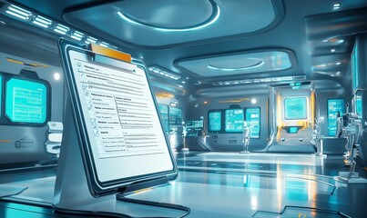 Obraz premium Futuristic interior with checklist and monitors.