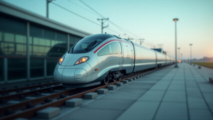Fototapeta premium High-Speed Train Parked Reflected in a Car Side Mirror with an Airport Backdrop Symbolizing Travel Efficiency