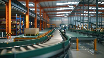 Cardboard Box on Conveyor Belt in Warehouse