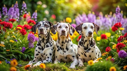 Tranquil garden with dalmatians resting among colorful flowers