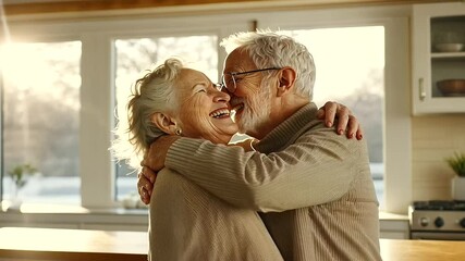 A smiling senior couple dancing playfully in their kitchen, bathed in sunlight, as they enjoy a lighthearted and loving moment together at home