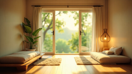 Fototapeta premium A Tranquil Small Room Bathed in Natural Light, Designed as a Peaceful Retreat from the Bustling World