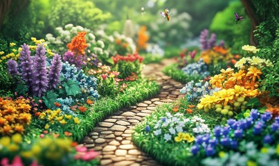 Naklejka premium Stone path through a colorful flower garden.