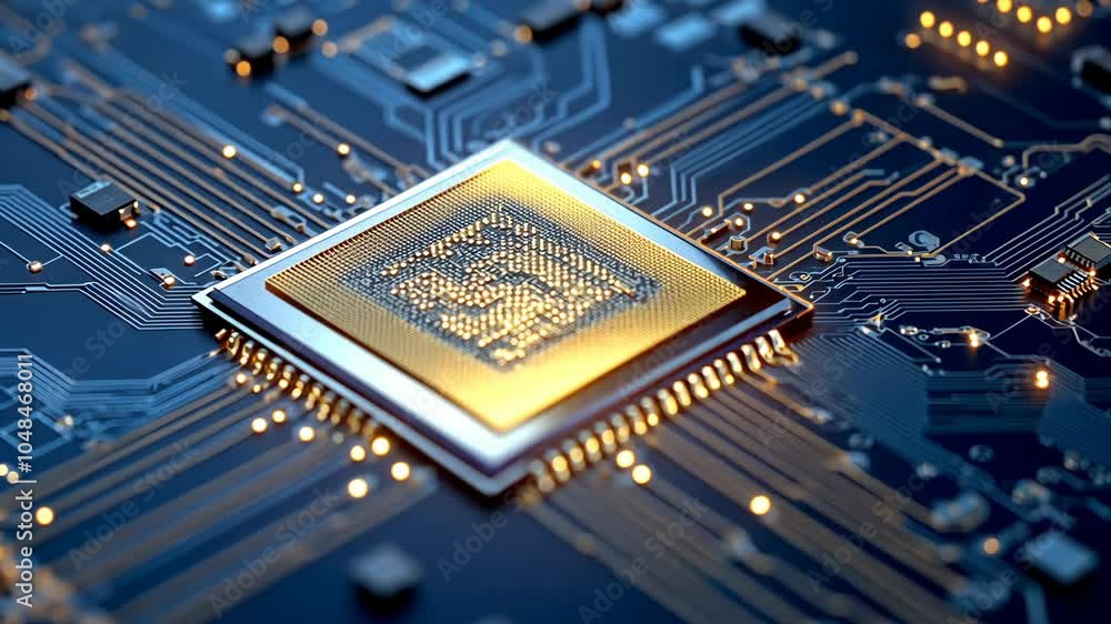 Poster a close-up of a computer chip on a circuit board, showcasing the intricate details of modern technol