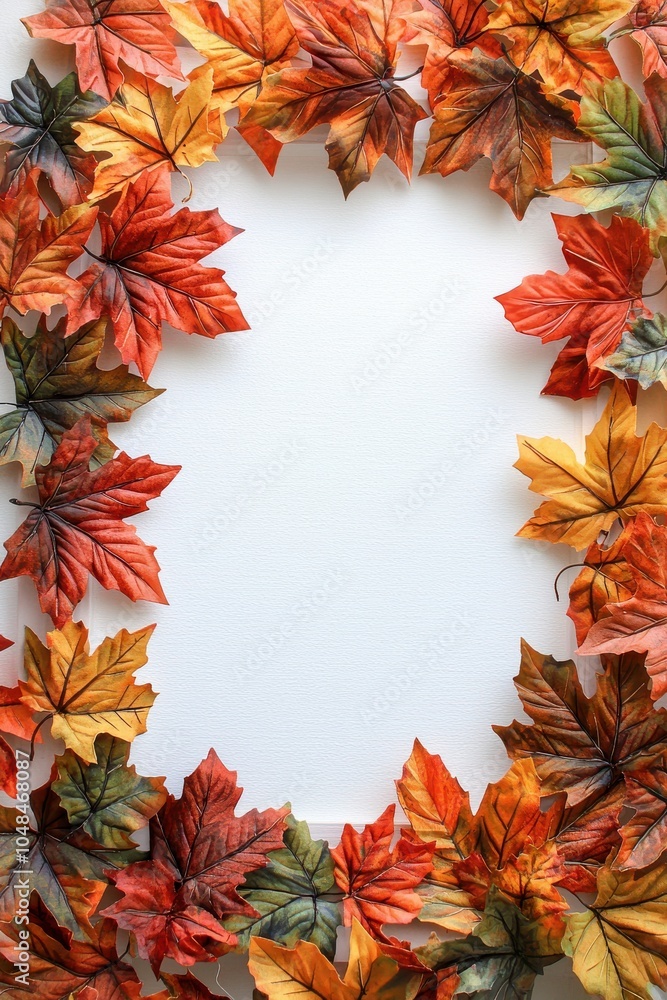 Poster autumn leaves border surrounding an empty white picture frame placed on a white background creating 
