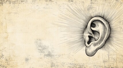 Vintage drawing of ear with rays on textured background