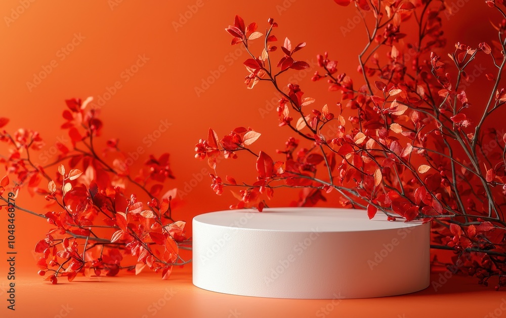 Poster white podium with vibrant red leaves on an orange background creating an elegant and contemporary di