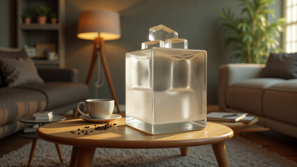 A Cozy Living Room Showcasing an Oversized Block of Ice Coffee as a Humorous and Surreal Interior Focal Point