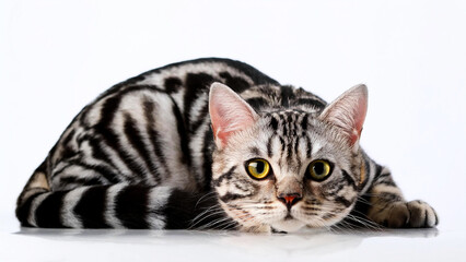 American Shorthair cat lying on white background.