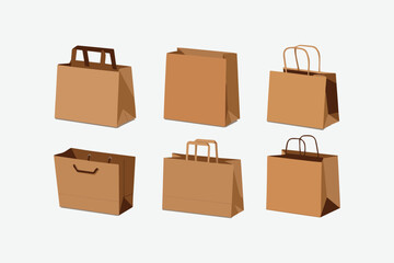 Vector illustration craft brown paper bags set on a white background craft brown paper bag and handle vector mockup. shopping package