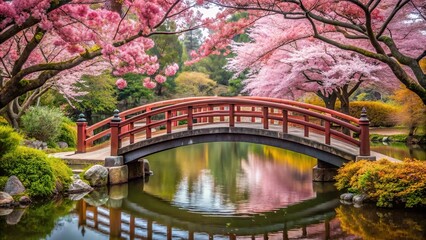 Tranquil Japanese garden bridge with cherry blossoms reflected in water