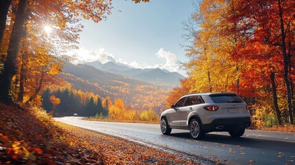 White SUV driving on a scenic highway surrounded by stunning autumn foliage and majestic mountains under a clear blue sky, capturing the essence of freedom and adventure in nature during fall season
