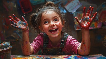 funny child girl draws laughing shows hands dirty with paint