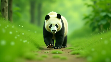 Obraz premium A Majestic Panda Bear Walking Through a Beautiful and Tranquil Rural Landscape Filled with Lush Greenery