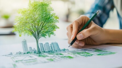 A hand draws a tree over a city on a paper with a pencil.
