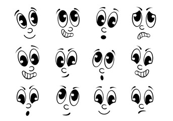 cartoon face, set of cute cartoon faces emoticons, vector illustration
