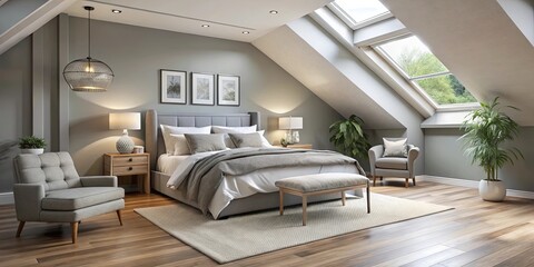 Serene Loft Bedroom with Grey Walls and Plush Bedding, Natural Light Streaming Through Skylights,  and a Comfortable Armchair
