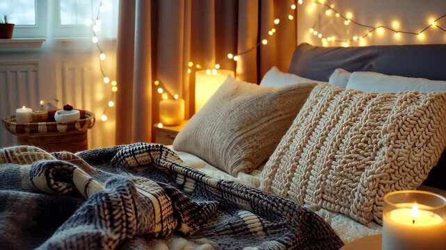 Warmly lit bedroom scene  cozy blankets, a plaid scarf draped over a chair, flickering candles, and a mug of hot cocoa on a bedside table. Inviting atmosphere with soft lighting.