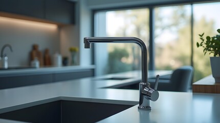 Fototapeta premium Sink faucet in a high-tech kitchen. Square mixer in the interior of a modern kitchen.