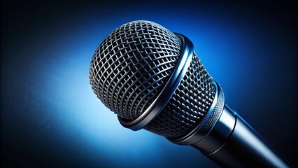 A close-up of a microphone's intricate metallic grid, positioned against a vibrant blue background, creating an abstract visual representation of sound and communication.