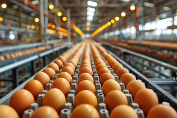 Rows of brown eggs on a conveyor belt in an egg production factory with industrial lighting

