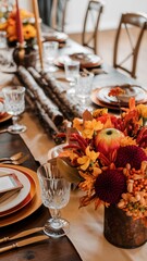 Fototapeta premium Autumn-Themed Dining Table with Pumpkins and Flowers
