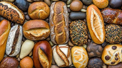 A close-up of a variety of loaves of bread, all sitting on a surface of small, grey stones