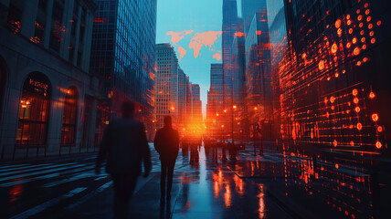 Fototapeta premium Global financial connections represented through charts and world map over Chicago buildings