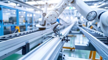 Industrial robotic arm operating on a conveyor belt in a factory