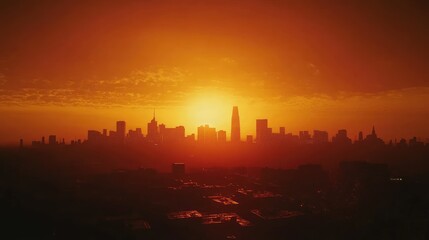 Fototapeta premium A glowing sunset sky with deep orange hues, with the silhouette of a city's skyline standing out sharply against the fading light