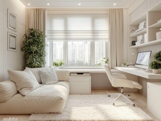Fototapeta premium Cozy study room with a white desk complemented by soft textures