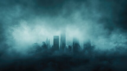 Fototapeta premium A moody, fog-filled sky with the faint silhouette of a city's skyline barely visible through the mist, creating an eerie urban scene